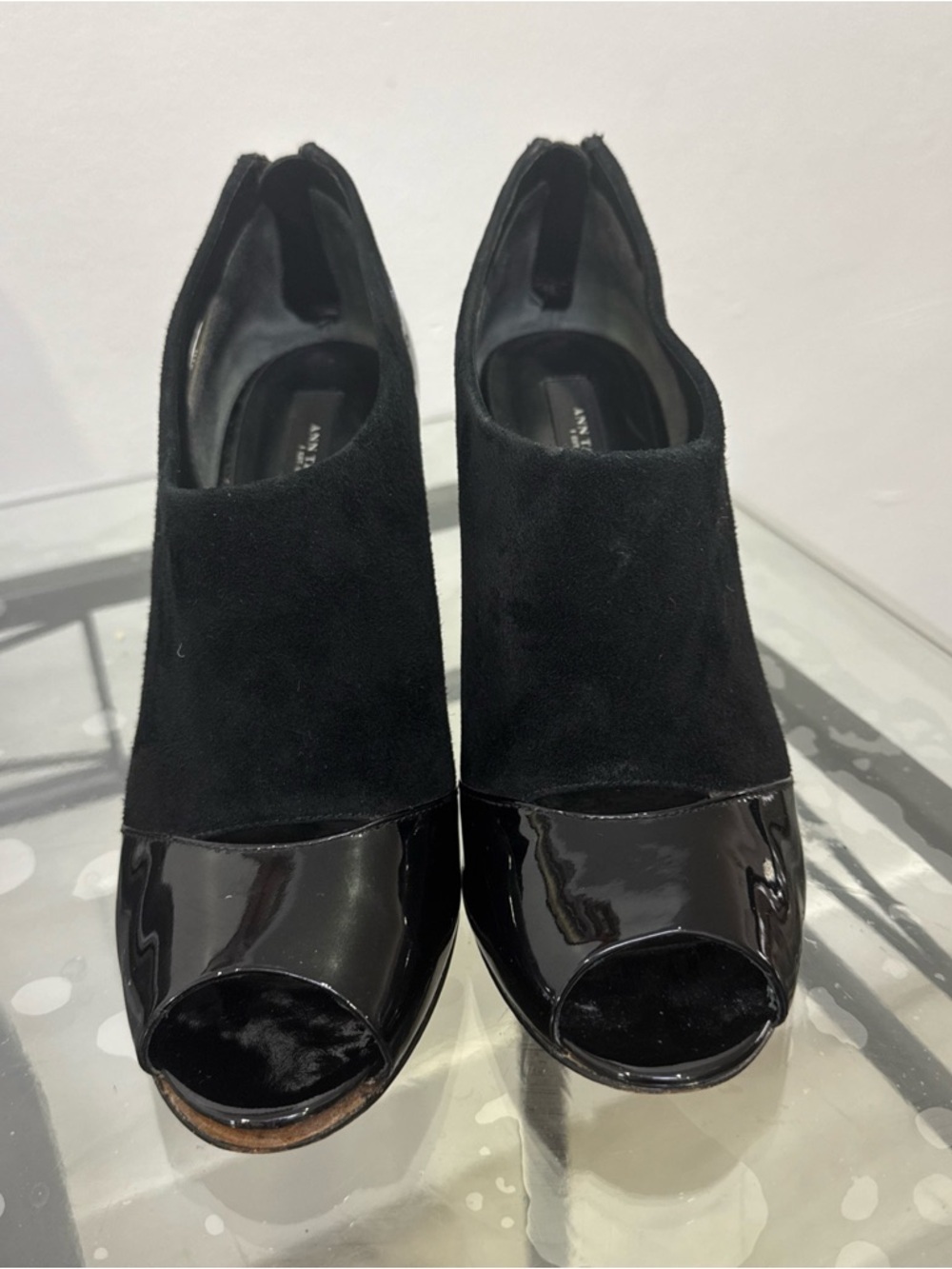 Ann Taylor Black Suede and Patent Peep-Toe Bootie Heels